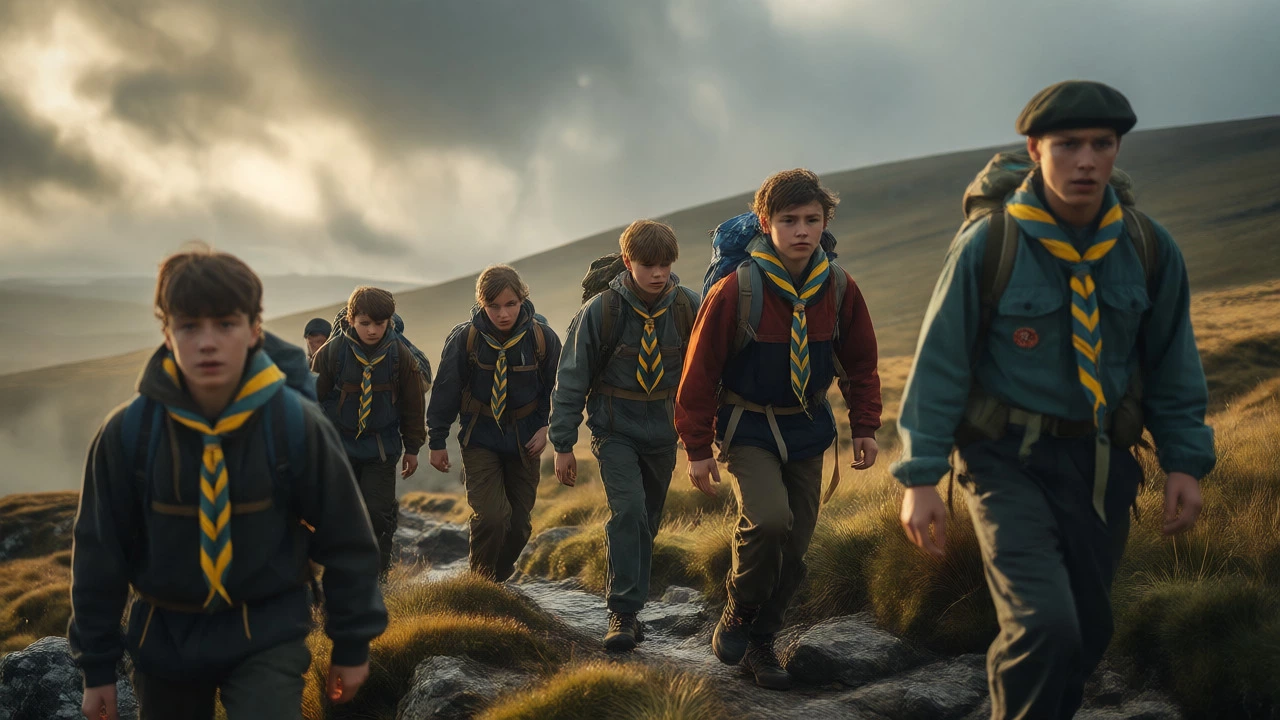 Scouts hiking up a misty British hill during golden hour, showing teamwork and resilience.