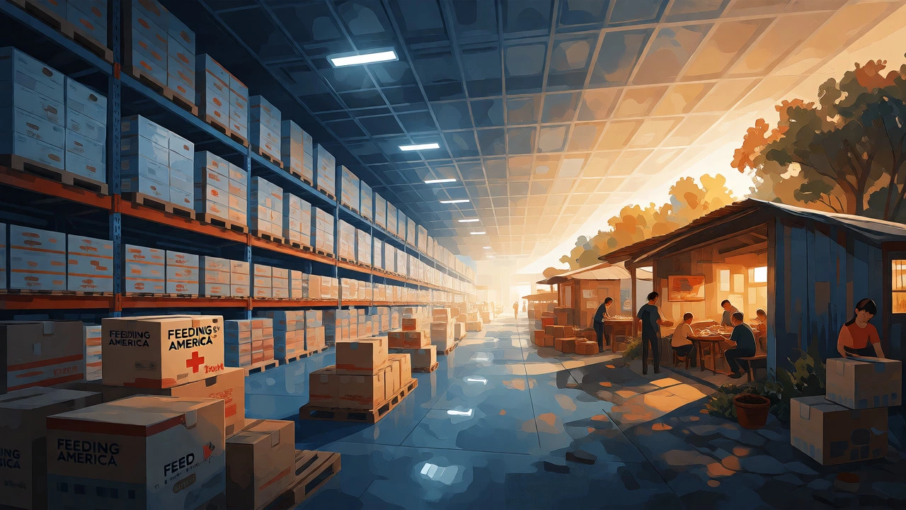 Split scene comparing large food warehouses with small local shelters