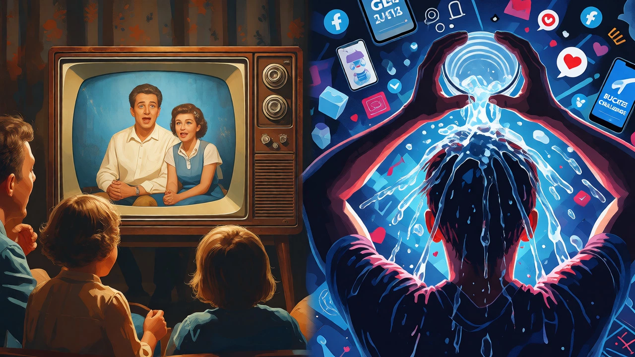 Split view comparing vintage TV telethons and modern viral challenges