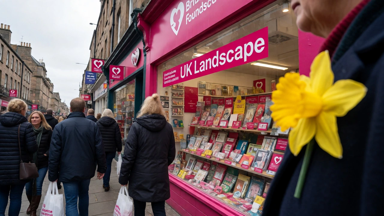 Street scene featuring charity shop windows and yellow daffodil pins