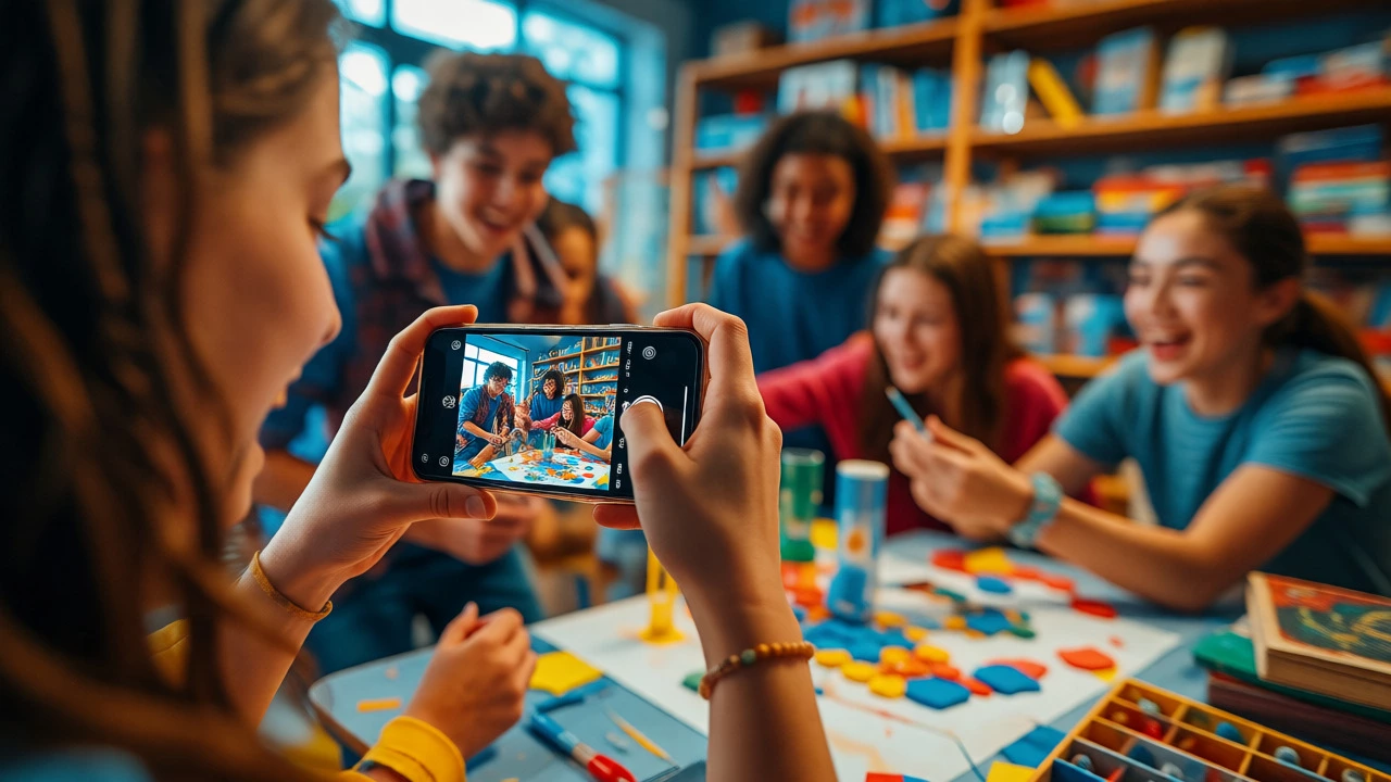Student filming peers during an engaging after-school club activity with a smartphone.