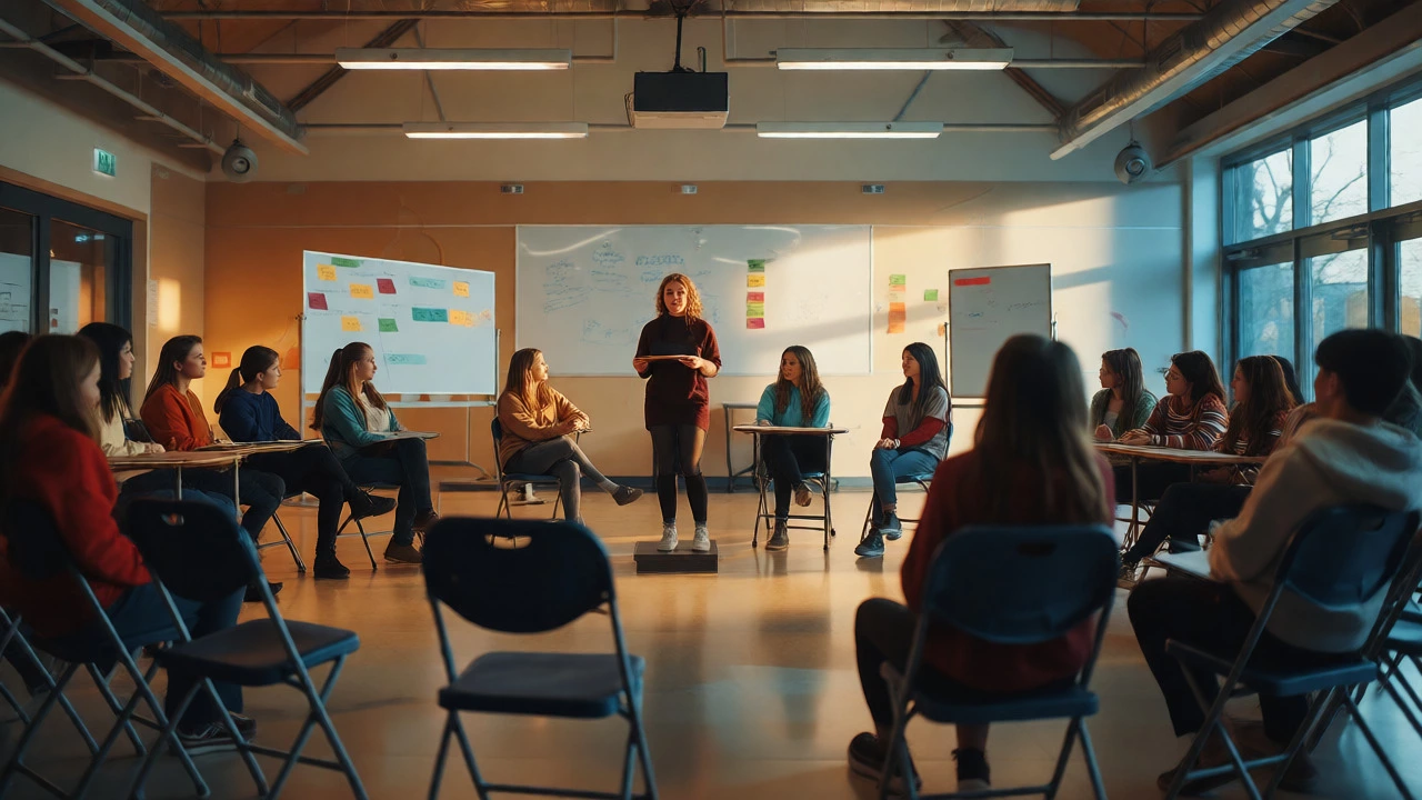 Teenager leading a youth council meeting in a hall