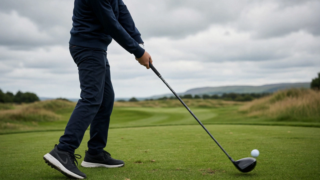 Teenager swinging a golf club on a driving range in Scotland
