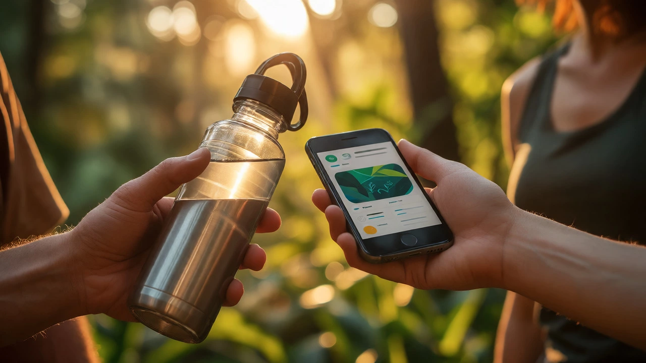 Two people exchanging a water bottle and a phone outdoors in a park during golden hour.