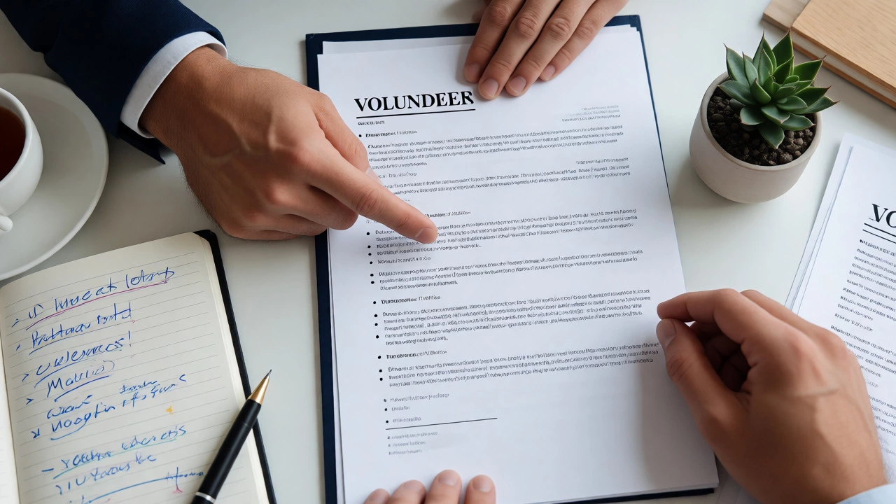 Two professionals discussing a resume's volunteer section in a modern office.