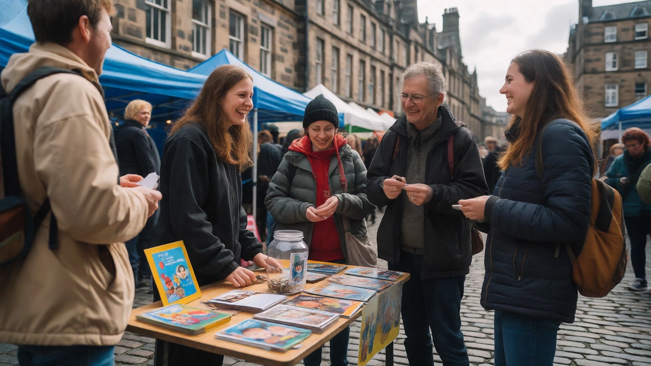 Volunteer collecting donations at an Edinburgh street market