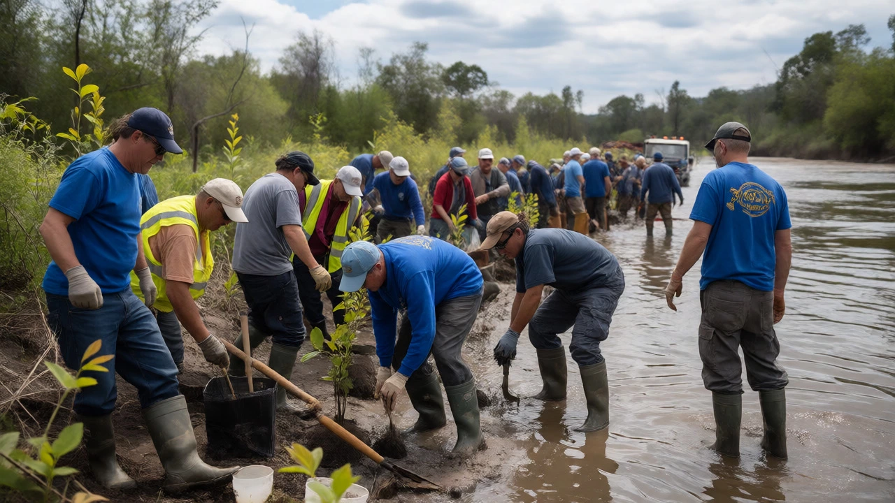 Volunteers planting trees along a riverbank during restoration work.