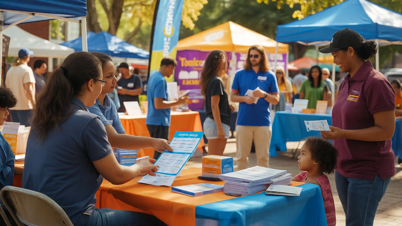 Volunteers setting up informational booths at a busy community event.