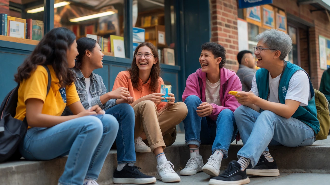 Young people connecting face-to-face outside a community center